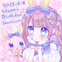 Rule 34 | 1girl, :d, animal ears, bare shoulders, blue bow, blue eyes, blush, bow, brown hair, closed mouth, commentary request, crescent, dated, dress, ear piercing, gloves, hair bow, hands up, happy birthday, heart, highres, himetsuki luna, jewelpet (series), long hair, luna (jewelpet), off-shoulder dress, off shoulder, open mouth, piercing, pink background, puffy short sleeves, puffy sleeves, rabbit ears, sanrio, short sleeves, smile, star (symbol), twitter username, two side up, white dress, white gloves
