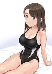 Rule 34 | 1girl, black hair, black one-piece swimsuit, breasts, brown eyes, cleavage, collarbone, competition swimsuit, gradient background, highres, large breasts, looking at viewer, one-piece swimsuit, original, short hair, sitting, solo, swimsuit, wa (genryusui), white background