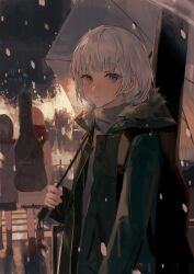 Rule 34 | 3girls, bang dream!, bang dream! it&#039;s mygo!!!!!, blue eyes, blush, brown coat, chihaya anon, coat, commentary, fur-trimmed hood, fur trim, green jacket, grey coat, grey hair, grey sweater, hashtag-only commentary, heterochromia, highres, holding, holding umbrella, hood, hood down, hooded jacket, instrument case, instrument on back, jacket, kaname raana, kneehighs, long sleeves, looking at viewer, multiple girls, open clothes, open coat, open mouth, pink hair, qing yan xia, red scarf, scarf, short hair, snow, socks, solo focus, sweater, takamatsu tomori, umbrella, white hair, winter clothes, yellow eyes
