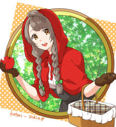 Rule 34 | 10s, 1girl, alternate hairstyle, apple, bad id, bad pixiv id, basket, bow, braid, brown eyes, brown gloves, brown hair, food, fruit, gloves, green bow, hair bow, little red riding hood, long hair, looking at viewer, love live!, love live! school idol project, minami kotori, red hood, smile, solo, twin braids, yomo tsuka