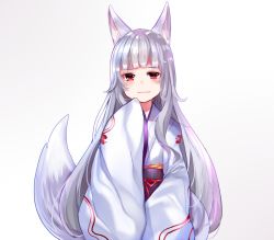 Rule 34 | 1girl, animal ears, bad id, bad pixiv id, character request, copyright request, fox ears, fox tail, japanese clothes, kimono, long hair, red eyes, sash, silver hair, smile, solo, tail, uiroutsuji yumihiko, wide sleeves