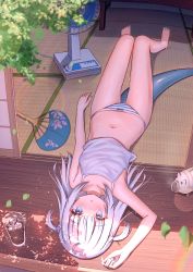Rule 34 | 1girl, absurdres, barefoot, blue eyes, blue hair, blue nails, camisole, collarbone, commentary, cup, drinking glass, electric fan, female focus, fins, fish tail, full body, gawr gura, highres, hololive, hololive english, hot, huge filesize, ice, long hair, looking at viewer, lying, multicolored hair, nail polish, navel, no pants, on back, paid reward available, panties, ray peng, revision, shark tail, solo, striped clothes, striped panties, summer, sweat, tail, tank top, thighs, toenail polish, toenails, toes, two-tone hair, underwear, underwear only, upside-down, virtual youtuber, water, white hair