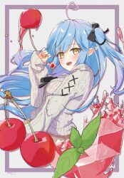 Rule 34 | 1girl, ahoge, babinch, black ribbon, blue hair, blush, border, breasts, cable knit, cardigan, cherry, commentary request, cropped torso, food, fruit, grey cardigan, hair ribbon, hand up, heart, heart ahoge, highres, hololive, ice, ice cube, large breasts, long hair, long sleeves, looking at viewer, nail polish, official alternate costume, official alternate hairstyle, open mouth, pink nails, pointy ears, ribbon, sleeves past wrists, smile, solo, two side up, upper body, very long hair, virtual youtuber, yellow eyes, yukihana lamy, yukihana lamy (casual)