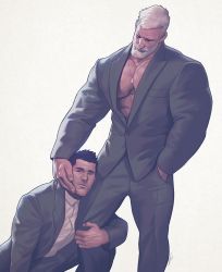 Rule 34 | 2boys, bara, beard, black hair, black jacket, black pants, closed eyes, closed mouth, couple, facial hair, formal, hand in pocket, hand on another&#039;s face, highres, jacket, jewelry, large pectorals, male focus, multiple boys, muscular, muscular male, necklace, open clothes, open jacket, original, pants, pectorals, shirt, short hair, silverjow, stubble, suit, white hair, white shirt, yaoi