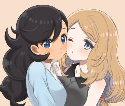Rule 34 | 2girls, bare arms, blue eyes, blue sweater, blush, breasts, closed mouth, collarbone, collared shirt, commentary request, creatures (company), curly hair, emma (pokemon), game freak, hand up, highres, long hair, multiple girls, nasakixoc, nintendo, one eye closed, pokemon, pokemon xy, serena (pokemon), shirt, sleeveless, sleeveless shirt, smile, sweater, upper body, white shirt, yuri