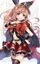 Rule 34 | 1girl, 40 (0f0urw), :d, absurdres, belt, black thighhighs, blush, bow, bowtie, bracelet, brown belt, brown hair, cape, clarisse (granblue fantasy), cowboy shot, dress shirt, floating hair, granblue fantasy, green eyes, grey background, hair between eyes, hair intakes, hairband, hand on own hip, highres, jewelry, large bow, long hair, looking at viewer, miniskirt, open mouth, ponytail, red bow, red bowtie, red cape, red skirt, shirt, skirt, smile, solo, standing, swept bangs, thighhighs, very long hair, white shirt, zettai ryouiki