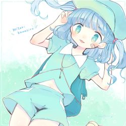 Rule 34 | 1girl, alternate costume, artist name, backpack, bag, bandaid, blue eyes, blue hair, blue pants, blue shirt, blunt bangs, character name, collared shirt, commentary, cowboy shot, flat cap, green hat, hair bobbles, hair ornament, hat, highres, kawashiro nitori, key, looking at viewer, m (m073111), medium hair, pants, pocket, reeds, shirt, short sleeves, short twintails, solo, touhou, twintails, twitter username, two side up, wing collar