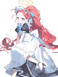 Rule 34 | 1girl, absurdres, ahoge, apron, aqua ribbon, asphyxia17, black dress, black footwear, blue archive, blush, closed mouth, dress, frilled apron, frills, hair ribbon, halo, high heels, highres, long hair, looking at viewer, maid, maid headdress, purple eyes, red hair, ribbon, short sleeves, simple background, solo, twitter username, very long hair, white apron, white background, yuzu (blue archive), yuzu (maid) (blue archive)