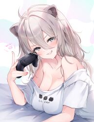 Rule 34 | 1girl, absurdres, animal ears, bare shoulders, breasts, cleavage, highres, hololive, jura, large breasts, light brown hair, shirt, shishiro botan, smile, solo, virtual youtuber, white shirt