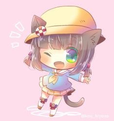 Rule 34 | 1girl, ;d, animal ears, azur lane, bell, blue shirt, blunt bangs, blush, bow, brown hair, cat ears, cat girl, cat tail, chibi, ears through headwear, fang, full body, green eyes, hair bow, hat, jingle bell, kindergarten uniform, kou hiyoyo, long sleeves, looking at viewer, mutsuki (azur lane), neckerchief, one eye closed, open mouth, outstretched arms, pink background, pink bow, pleated skirt, school hat, shirt, short twintails, simple background, skirt, smile, socks, solo, spread arms, standing, standing on one leg, tail, twintails, twitter username, white socks, yellow hat, yellow neckerchief, yellow skirt
