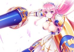 Rule 34 | 1girl, armor, armored dress, blush, breasts, cleavage, cleavage cutout, closed mouth, clothing cutout, commentary request, cowboy shot, cross, feathered wings, hair between eyes, hanging breasts, head wings, headdress, holding, holding lance, holding polearm, holding shield, holding weapon, ike masato, lance, large breasts, long hair, looking at viewer, oversized object, pauldrons, pink eyes, pink hair, pink skirt, polearm, ragnarok online, royal guard (ragnarok online), shield, shoulder armor, sidelocks, simple background, skirt, smile, solo, weapon, white background, wings