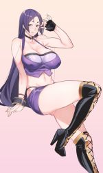 Rule 34 | 1girl, bad id, bad twitter id, boots, breasts, choker, cleavage, covered erect nipples, cross-laced footwear, fate/grand order, fate (series), fingerless gloves, gloves, high heel boots, high heels, k52, lace-up boots, large breasts, long hair, midriff, minamoto no raikou (fate), purple eyes, purple hair, race queen, single glove, solo, thigh boots, thighhighs, very long hair