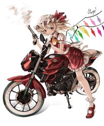 Rule 34 | 1girl, absurdres, ascot, blonde hair, blush, crystal, flandre scarlet, frilled skirt, frills, full body, gun, handgun, hat, highres, holding, holding gun, holding weapon, long hair, mob cap, motor vehicle, motorcycle, one side up, open mouth, ougiikun, red eyes, red footwear, red skirt, red vest, revolver, shoes, short sleeves, simple background, skirt, smile, socks, solo, touhou, vest, weapon, white background, white hat, white socks, wings, yellow ascot