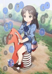 Rule 34 | 1girl, absurdres, bag, blue bow, blue bowtie, blue collar, blue dress, bow, bowtie, brown eyes, brown footwear, brown hair, bush, checkered clothes, checkered dress, child, collar, commentary request, day, dress, grass, hair bow, highres, idolmaster, idolmaster cinderella girls, legs, loafers, long hair, long sleeves, looking ahead, outdoors, parted lips, pink bag, playground, riding, rocking horse, shoes, shoulder bag, sidelocks, socks, solo, speech bubble, spring rider, tachibana arisu, thighs, translation request, v-shaped eyebrows, white socks, yukie (kusaka shi)