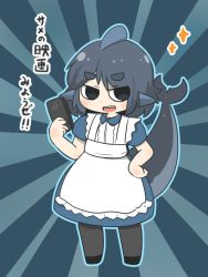 Rule 34 | 1girl, apron, black eyes, black legwear, blue background, blue hair, controller, dress, fins, fish tail, full body, hand on own hip, holding, maid, open mouth, original, remote control, sameido, shark fin, shark girl, shark tail, sharp teeth, short hair, short sleeves, solo, standing, sunburst, tail, teeth, thick eyebrows, translation request, uni souchou, white apron