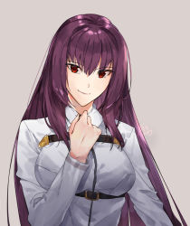 Rule 34 | 1girl, arm up, belt, breasts, chaldea uniform, collar, cosplay, fare, fate/grand order, fate (series), fujimaru ritsuka (female), fujimaru ritsuka (female) (cosplay), grey background, large breasts, long hair, long sleeves, looking at viewer, purple hair, red eyes, scathach (fate), scathach (fate), simple background, smile, solo, uniform