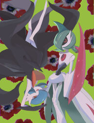 Rule 34 | 1girl, 1other, absurdres, alternate color, arm blade, arm up, bare shoulders, black dress, black gloves, black sclera, black skin, blue hair, bob cut, colored sclera, colored skin, creatures (company), dress, elbow gloves, flat chest, floral background, flower, full body, game freak, gardevoir, gen 3 pokemon, gloves, green background, hair over one eye, happy, highres, iron valiant, joints, knees together feet apart, legs together, looking at viewer, mega gardevoir, mega pokemon, mohawk, multicolored hair, multicolored skin, multiple girls, nintendo, no mouth, nouson, one eye covered, open mouth, orange eyes, pixel eyes, pokemon, pokemon (creature), red eyes, red flower, red hair, robot joints, rotational symmetry, shiny pokemon, short hair, smile, strapless, strapless dress, twintails, two-tone skin, upside-down, weapon, white skin