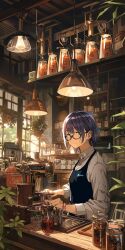 Rule 34 | 1girl, a-chan (hololive), alternate costume, apron, arrow through heart, black-framed eyewear, black apron, blue bow, blue eyes, blue hair, blush, bottle, bow, breasts, cafe, ceiling light, closed mouth, coffee grinder, cohi27151463, collared shirt, commentary, counter, day, dress shirt, flask, glasses, hair bow, hanging plant, highres, hololive, indoors, loaded interior, logo, long sleeves, looking at viewer, semi-rimless eyewear, shelf, shirt, short hair, small breasts, smile, solo, standing, sunlight, upper body, virtual youtuber, white shirt, window, wristband