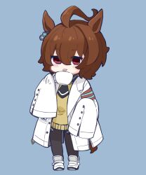 Rule 34 | 1girl, absurdres, agnes tachyon (umamusume), ahoge, animal ears, black pantyhose, black shirt, blue background, brown hair, closed mouth, collared shirt, commentary request, cup, full body, hair between eyes, highres, holding, holding cup, horse ears, horse girl, horse tail, lab coat, long sleeves, nozo (hitomiz), open clothes, pantyhose, red eyes, shirt, shoes, simple background, sleeves past fingers, sleeves past wrists, solo, standing, sweater vest, tail, tongue, tongue out, umamusume, white footwear