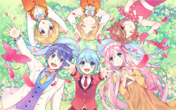 Rule 34 | 2boys, 4girls, arms behind head, arms up, bird, blonde hair, blue eyes, blue hair, brown hair, circle formation, closed eyes, dress, gloves, hatsune miku, inko (mini), kagamine len, kagamine rin, kaito (vocaloid), long hair, lying, megurine luka, meiko (vocaloid), multiple boys, multiple girls, necktie, on back, one eye closed, open mouth, outstretched arms, own hands clasped, own hands together, pink hair, twintails, very long hair, vocaloid