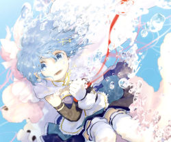 Rule 34 | 2girls, blue eyes, blue hair, blue skirt, bubble, cape, commentary request, fortissimo, gloves, hair ornament, kaname madoka, lower teeth only, mahou shoujo madoka magica, mahou shoujo madoka magica (anime), miki sayaka, miki sayaka (magical girl), multiple girls, musical note, musical note hair ornament, open mouth, red ribbon, ribbon, short hair, skirt, solo, teeth, thighhighs, ultimate madoka, un nm5sy, white cape, white gloves, white thighhighs, zettai ryouiki