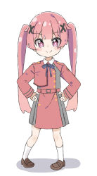 Rule 34 | 1girl, blush stickers, brown footwear, child, closed mouth, commentary request, cosplay, dress, full body, grey dress, hair ornament, hands on own hips, highres, kapuru 0410, loafers, long hair, long sleeves, looking at viewer, lycoris recoil, lycoris uniform, nishikigi chisato, nishikigi chisato (cosplay), pleated dress, purple hair, red dress, red hair, shadow, shoes, simple background, smile, socks, solo, standing, tanemura koyori, twintails, two-tone dress, very long hair, watashi ni tenshi ga maiorita!, white background, white socks, x hair ornament