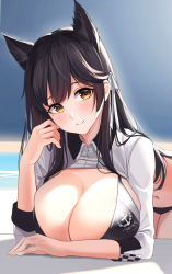 Rule 34 | 1girl, absurdres, atago (azur lane), atago (stunning speedster) (azur lane), azur lane, bikini, bikini under clothes, black bikini, black hair, breasts, brown eyes, cleavage, closed mouth, clothes lift, collared shirt, female focus, furizuu20, hair ribbon, highres, huge breasts, leaning forward, long hair, looking at viewer, navel, official alternate costume, pool, poolside, race queen, ribbon, shirt, shirt lift, sidelocks, smile, solo, swimsuit, swimsuit under clothes, white shirt
