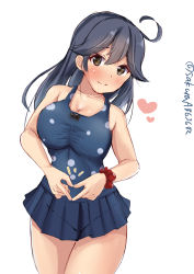 Rule 34 | 1girl, absurdres, ahoge, bare legs, black hair, blue skirt, blue one-piece swimsuit, breasts, brown eyes, casual one-piece swimsuit, cleavage, collarbone, hair between eyes, heart, heart hands, highres, impossible clothes, kantai collection, large breasts, long hair, looking at viewer, official alternate costume, one-piece swimsuit, polka dot, polka dot swimsuit, simple background, skirt, solo, swimsuit, swimsuit under clothes, twitter username, ushio (kancolle), white background