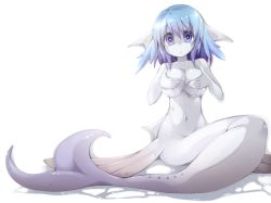 Rule 34 | 1girl, bad id, bad pixiv id, blue eyes, blue hair, breast hold, breasts, colored skin, completely nude, covering privates, covering breasts, fins, fish, fish tail, frfr, gradient eyes, gradient hair, grey skin, large breasts, looking at viewer, matching hair/eyes, mermaid, monster girl, multicolored eyes, multicolored hair, navel, nude, original, pointy ears, purple eyes, purple hair, short hair, solo, tail