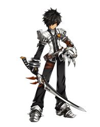 Rule 34 | 1boy, absurdres, artist request, belt, black gloves, black hair, black pants, closed mouth, elsword, expressionless, full body, gloves, hair over one eye, highres, holding, holding sword, holding weapon, jacket, looking at viewer, male focus, single mechanical arm, messy hair, official art, pants, raven cronwell, shoes, solo, standing, sword, sword taker (elsword), weapon, white jacket, yellow eyes