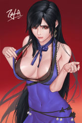 Rule 34 | 1girl, black hair, bow, bowtie, bra, breasts, brown eyes, covered navel, crescent, crescent earrings, dress, earrings, final fantasy, final fantasy vii, final fantasy vii remake, gradient background, highres, jewelry, kryp132, long hair, looking at viewer, parted lips, purple dress, red background, solo, tifa lockhart, tifa lockhart (refined dress), toned, underwear, upper body, very long hair