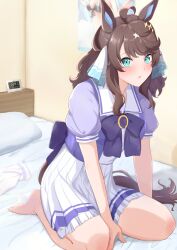 Rule 34 | 1girl, absurdres, ahoge, alarm clock, animal ears, bare legs, bed, black hair, blue eyes, blush, breasts, clock, collarbone, commentary request, daring tact (umamusume), full body, hair between eyes, hair ornament, highres, horse ears, horse girl, long hair, looking at viewer, medium breasts, open mouth, poster (object), ribbon, school uniform, seiza, sho mix illustration, sitting, solo, tracen school uniform, umamusume, wall