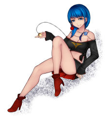 Rule 34 | 1girl, alternate costume, aoshima, ass, bare legs, bare shoulders, black skirt, blue eyes, blue hair, breasts, chain, cleavage, collarbone, commentary request, earth (ornament), grin, gundam, hecatia lapislazuli, hecatia lapislazuli (earth), high heels, highres, knee up, long sleeves, looking at viewer, medium breasts, midriff, miniskirt, moon (ornament), no headwear, off-shoulder shirt, off shoulder, red footwear, shirt, simple background, sitting, skirt, smile, solo, thighs, tied shirt, touhou, white background