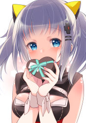Rule 34 | 1girl, bare shoulders, blue eyes, blue ribbon, blush, breasts, cleavage cutout, clothing cutout, covering own mouth, dress, fujisaki hikari, gift, hair ornament, half-closed eyes, heart, highres, kaguya luna, looking at viewer, nail polish, ribbon, silver hair, simple background, sleeveless, sleeveless dress, solo, the moon studio, twintails, upper body, valentine, virtual youtuber, white background
