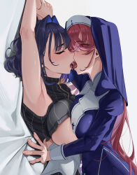 2girls armpits arms_up bed_sheet blue_hair blush breast_press breasts closed_eyes commission eipanguino eyes_visible_through_hair french_kiss from_side habit heart heart-shaped_pupils highres hololive hololive_english houshou_marine houshou_marine_(nun) kiss large_breasts long_hair lying multiple_girls nun on_back open_mouth ouro_kronii ouro_kronii_(1st_costume) red_hair saliva saliva_trail simple_background symbol-shaped_pupils symmetrical_docking tongue tongue_out upper_body virtual_youtuber white_background yuri