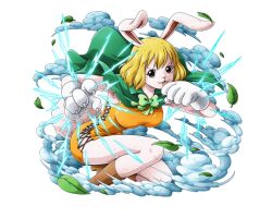 Rule 34 | 1girl, animal ears, blonde hair, brown eyes, cape, carrot (one piece), dress, furry, furry female, green cape, lightning, looking at viewer, medium hair, official art, one piece, one piece treasure cruise, orange dress, rabbit ears, short dress, tongue, tongue out