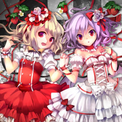 Rule 34 | 2girls, adapted costume, alternate costume, arm ribbon, bad id, bad pixiv id, bare shoulders, bat wings, blonde hair, bow, checkered floor, choker, dress, fang, female focus, fingernails, flandre scarlet, floor, flower, food, fruit, hair flower, hair ornament, holding hands, interlocked fingers, lolita fashion, looking at viewer, lying, multiple girls, nail polish, no headwear, on back, open mouth, pink flower, pink rose, purple hair, red eyes, remilia scarlet, ribbon, ringpearl, rose, short hair, siblings, sisters, smile, staring, strawberry, strawberry blossoms, touhou, white flower, white rose, wings, wrist cuffs