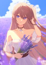 Rule 34 | 1girl, absurdres, alternate costume, aoi tooru, arknights, belt, blue eyes, bouquet, brown hair, closed mouth, cloud, collarbone, cowboy shot, dress, field, flower, flower field, hand in own hair, highres, holding, holding bouquet, indigo (arknights), jewelry, lavender (flower), long hair, looking at viewer, necklace, off-shoulder dress, off shoulder, pout, solo, very long hair, white dress