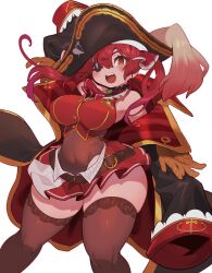 Rule 34 | 1girl, absurdres, bare shoulders, black jacket, black skirt, black thighhighs, bodysuit, breasts, collar, covered navel, cowboy shot, crop top, eyepatch, hat, highres, hololive, hololive fantasy, houshou marine, jacket, large breasts, long sleeves, miniskirt, off shoulder, pirate hat, pleated skirt, red eyes, red hair, sanjiro (tenshin anman), simple background, skirt, sleeveless, sleeves past wrists, solo, standing, thick thighs, thighhighs, thighs, twintails, virtual youtuber, white background