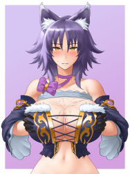 Rule 34 | 1girl, absurdres, after paizuri, animal ears, bangs, bare shoulders, black gloves, blush, bow, breasts, center opening, cleavage, closed mouth, collarbone, cross-laced clothes, cum, cum on body, cum on breasts, cum on upper body, detached sleeves, gloves, hetero, highres, large breasts, looking at viewer, makoto (princess connect!), medium hair, navel, princess connect!, princess connect! re:dive, purple hair, sidelocks, ssshousha, wolf ears, wolf girl, yellow eyes
