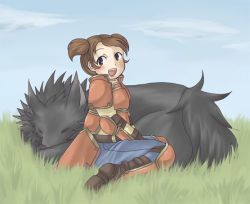 Rule 34 | 1girl, armor, blush, brown hair, fire emblem, fire emblem: radiant dawn, meg (fire emblem), nintendo, open mouth, solo, twintails, wolf