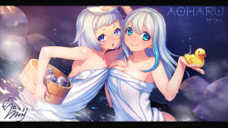 Rule 34 | 2girls, :&gt;, aqua eyes, bare arms, bare shoulders, blue eyes, blue hair, breast suppress, breasts, bucket, can, cheek-to-cheek, collarbone, commentary request, dated, dutch angle, gradient hair, heads together, holding, letterboxed, long hair, medium breasts, minamoto (mutton), multicolored hair, multiple girls, naked towel, onsen, original, rubber duck, short bangs, short eyebrows, short hair, signature, silver hair, smile, thick eyebrows, towel, towel on head, towel slip, two-tone hair, water, wet, wet towel, white towel