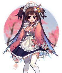 Rule 34 | 1girl, absurdres, apron, bad id, bad pixiv id, bell, blue archive, bow, brown hair, dress, floral print, frilled dress, frilled kimono, frills, hair bow, hair ornament, highres, hime cut, japanese clothes, jingle bell, kimono, long hair, looking at viewer, maid apron, maid headdress, open mouth, petticoat, pink bow, plus no p, print kimono, purple eyes, ribbon, shizuko (blue archive), smile, solo, waist apron, white bow