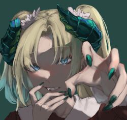 Rule 34 | 1girl, blonde hair, blue eyes, brown serafuku, claw pose, dragon horns, fangs, fingernails, green background, green nails, grin, hand on own cheek, hand on own face, hasu no sora school uniform, highres, horns, link! like! love live!, long sleeves, love live!, multicolored hair, osawa rurino, parted bangs, portrait, reaching, reaching towards viewer, saidamoosu (tree 3m), school uniform, serafuku, shaded face, sharp fingernails, simple background, slit pupils, smile, solo, twintails, two-tone hair, winter uniform