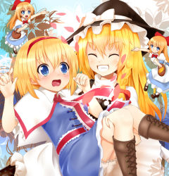 Rule 34 | 2girls, @ @, alice margatroid, apron, basket, black dress, blonde hair, bloomers, blue dress, blue eyes, blush, boots, bow, braid, capelet, carrying, chiroshiron, commentary request, cross-laced footwear, dress, closed eyes, grin, hair bow, hairband, hat, hat bow, kirisame marisa, multiple girls, open mouth, petals, princess carry, sash, shanghai doll, single braid, smile, touhou, underwear, upskirt, waist apron, witch hat