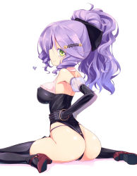 Rule 34 | 1girl, ass, black thighhighs, bow, bracelet, breasts, chandelure, costume, covered erect nipples, creatures (company), elbow gloves, game freak, gen 5 pokemon, gloves, green eyes, hair bow, hair ornament, hairclip, heart, highres, homura subaru, jewelry, large breasts, looking back, nintendo, personification, pokemon, ponytail, purple hair, revision, simple background, sitting, smile, solo, thighhighs, wariza, wedgie, white background