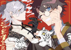 Rule 34 | 2boys, :d, alternate costume, alternate hairstyle, amiamikaokao, animal, black gloves, black hair, blue eyes, chinese clothes, chinese zodiac, commentary, earrings, edmond dantes (fate), expressionless, fate/grand order, fate (series), fujimaru ritsuka (male), glasses, gloves, highres, holding, holding animal, jewelry, long sleeves, looking at viewer, looking to the side, multiple boys, open mouth, ponytail, red background, smile, smoke, smoke trail, smoking, tangzhuang, teeth, tiger, white hair, white tiger, year of the tiger, yellow eyes