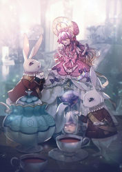 Rule 34 | 1girl, absurdres, blurry, blurry background, bow, rabbit, clock, crack, creatures (company), cup, dress, game freak, gen 8 pokemon, highres, holding, holding cup, hourglass, huge filesize, indoors, lens flare, moe (hamhamham), nintendo, personification, pink bow, pink dress, pink headwear, pokemon, polteageist, purple hair, tea, teacup, teapot, yellow eyes