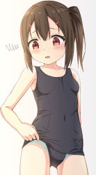 Rule 34 | 1girl, bare arms, bare shoulders, black one-piece swimsuit, blush, breasts, brown eyes, brown hair, collarbone, commentary request, covered navel, fang, gradient background, grey background, hair between eyes, hair ornament, hairclip, highres, old school swimsuit, one-piece swimsuit, open mouth, original, panties, panties under swimsuit, school swimsuit, side ponytail, small breasts, solo, squiggle, standing, striped clothes, striped panties, swimsuit, takasuma hiro, underwear, wavy mouth, white background