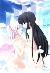 Rule 34 | 2girls, 7ban, arched back, ass, black hair, blue eyes, blush, breasts, building, censored, cloud, cloudy sky, collarbone, commentary request, convenient censoring, eye contact, feathers, fence, flag, holding hands, headband, heaven, height difference, highres, interlocked fingers, long hair, looking at another, multiple girls, navel, nude, original, pink hair, short hair, sidelocks, sky, standing, wings, yellow eyes, yuri